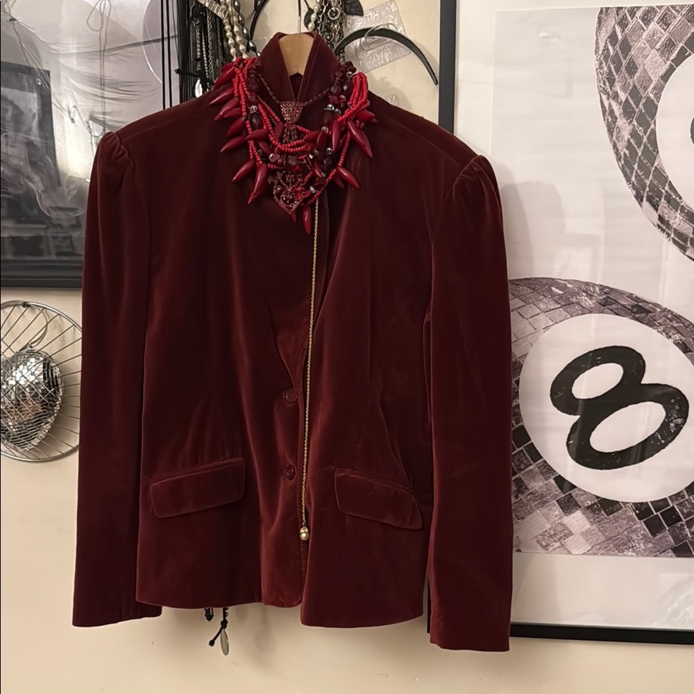 Red Velvet Blazer with Ruffled Collar